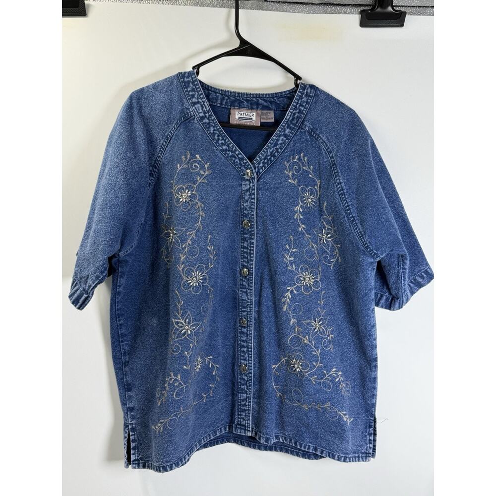 Premier Intl Denim Embroidered Top XL Blue Button Front Boho Cottagecore Casual